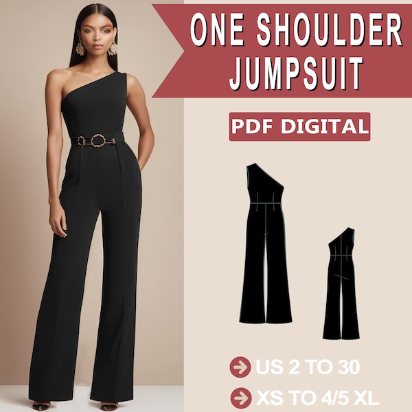 Easy Jumpsuit Sewing Pattern, One Shoulder Wide Leg Jumpsuit Pattern, bridal shower dress, Palazzo Jumpsuit, Overalls Pattern, XS-4/5XL