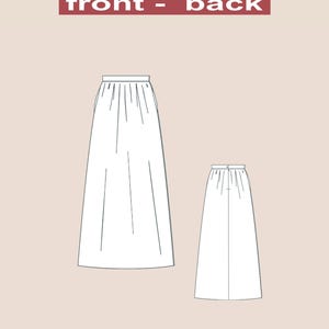 May include: A digital sewing pattern for a skirt, showing the front and back views. The pattern is available as a PDF download.  PDF DIGITAL