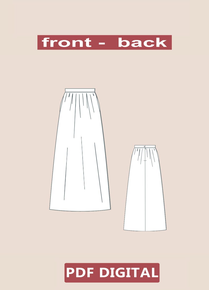 May include: A digital sewing pattern for a skirt, showing the front and back views. The pattern is available as a PDF download.  PDF DIGITAL