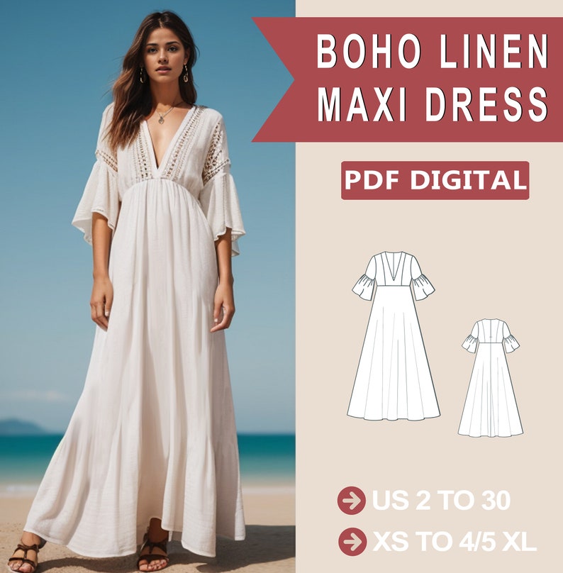Puede incluir: Un patr&oacute;n PDF digital para un vestido maxi de lino boho. El patr&oacute;n incluye instrucciones para las tallas espa&ntilde;olas 34 a 52 y XS a 4/5 XL. La imagen muestra a una mujer con un vestido maxi blanco con escote en V y mangas acampanadas.