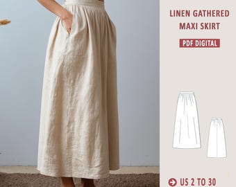May include: A digital PDF sewing pattern for a linen gathered maxi skirt. The pattern includes instructions for sizes US 2 to 30 and XS to 4/5 XL.