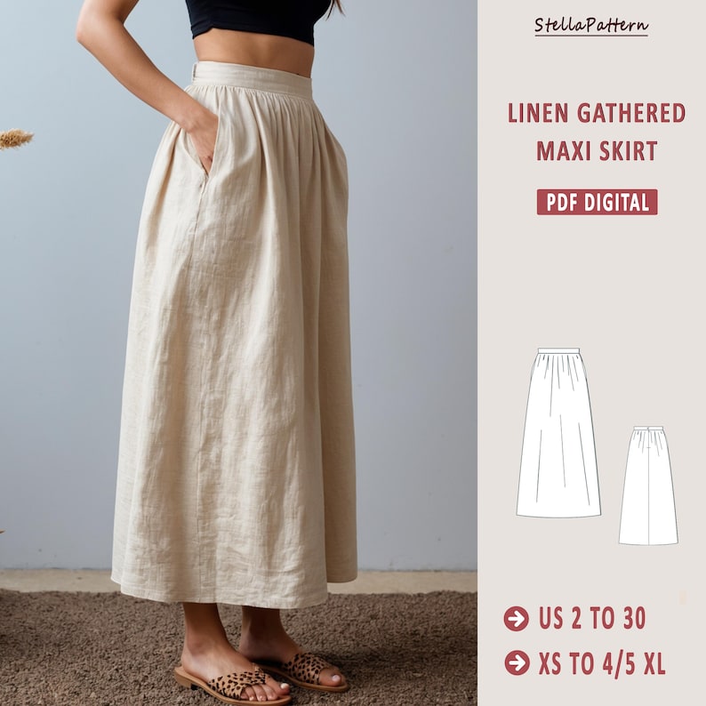 May include: A digital PDF sewing pattern for a linen gathered maxi skirt. The pattern includes instructions for sizes US 2 to 30 and XS to 4/5 XL.