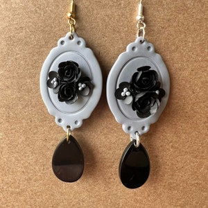 Black Rose Flowers on a Grey Frame Polymer Clay Earrings - Handcrafted Gothic Jewelry