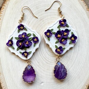 Elegant Purple And Gold Floral Polymer Clay Earrings