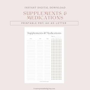 Supplements & Medications Weekly Tracker, Medication Tracker, Vitamins Supplement Tracker, Health Log Sheet, Supplement Organizer, Printable