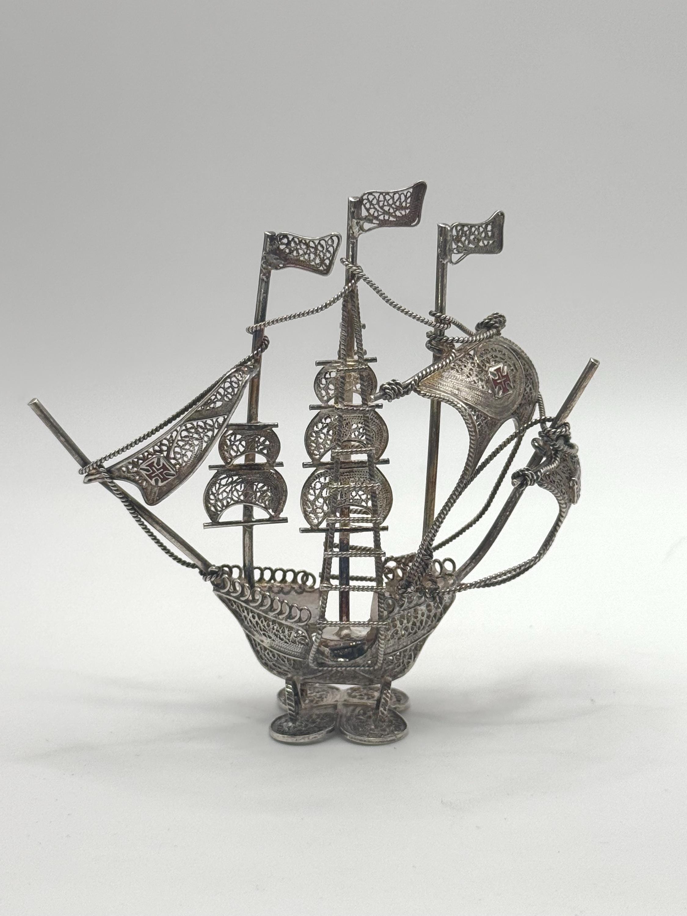 Portuguese Sterling Silver Filigree Caravel Ship With Enamel Cross
