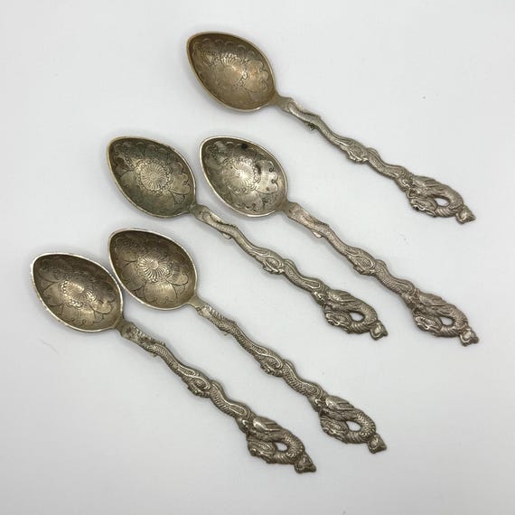 Set of 5 Japanese Moji 84 Silver Spoons Dragon Handle Floral Bowl