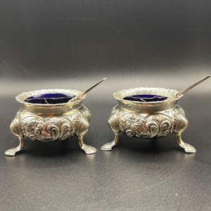 Pair Victorian Silver Salts w/ Spoons, Cobalt Liners, Birmingham 1894