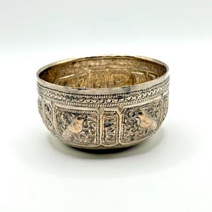 Antique Burmese Solid Silver Bowl Hand Chased Bird & Foliage Motif