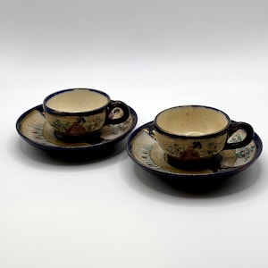Antique Meiji Japanese Satsuma Cups Saucers Pair Hand Painted Geisha Motif