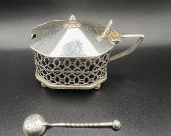 ヴィンテージ スターリングシルバー マスタードポット、ブルーガラス