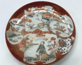 Vintage Kutani Kameta placa japonesa Taisho Showa Era pintada a mano oro rojo