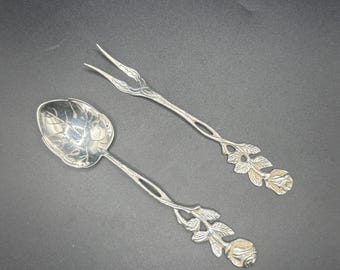Silver 800 Hildesheimer Rose Sugar Spoon & Fork – Ornate Vintage Cutlery Set