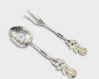 Ensemble cuillère et fourchette à sucre vintage Hildesheimer Rose en argent 800, Allemagne