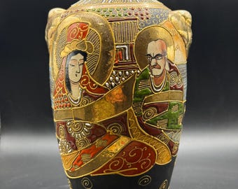 Antique Japanese Moriage Satsuma-Style Vase with Figures and Applied Handles