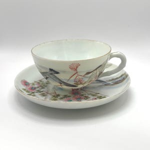 Vintage Japanese Hand-Painted Porcelain Tea Cup & Saucer, Birds and Chrysanthemums