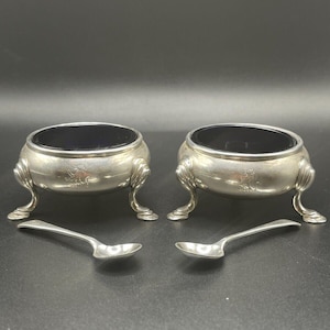 Antique 1913 Sterling Silver Salt Cellars w/ Cobalt Glass Liners & EPNS Spoons