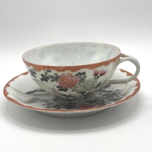 Antique Japanese Hand-Painted Porcelain Cup and Saucer with Birds & Chrysanthemums