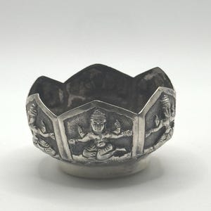 Antique Burmese Silver Petite Lotus Bowl Unmarked Repoussé Deity Motifs