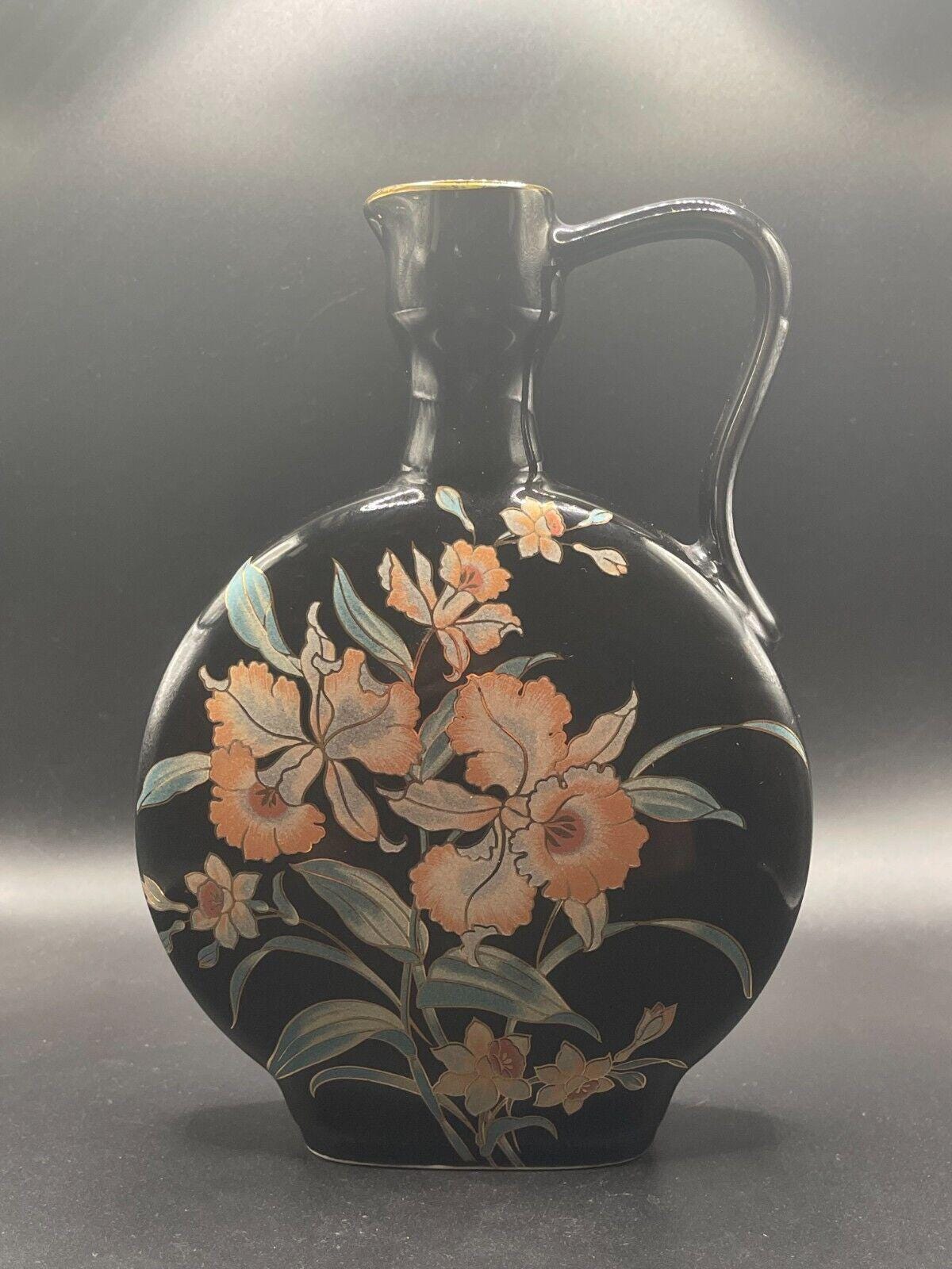 ● JAPANESE MODERN VINTAGE FLOWER VASE● Vintage Japanese Black Glazed Floral Jug Vase With Orchid