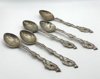 Set of 5 Japanese Moji 84 Silver Spoons Dragon Handle Floral Bowl