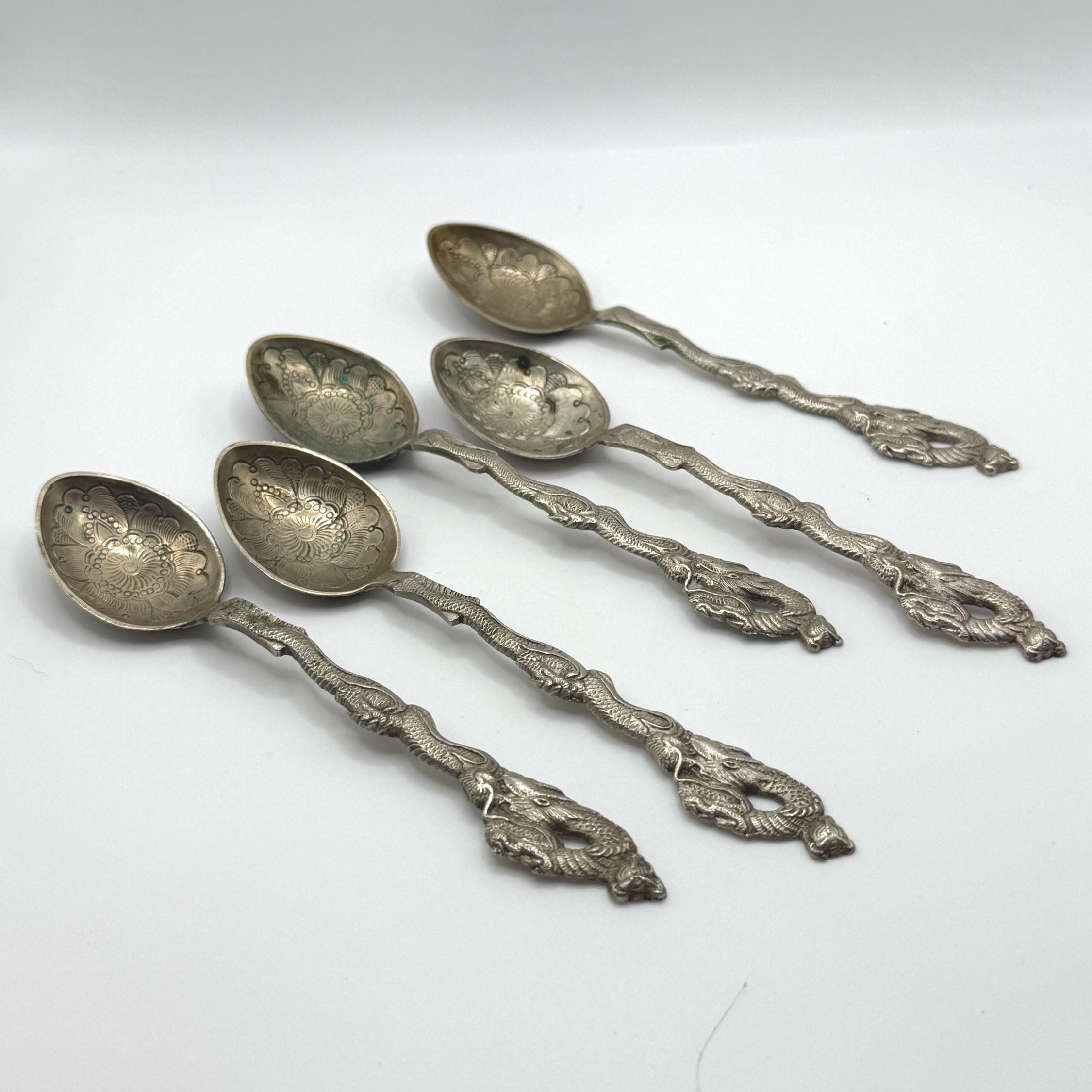 Set of 5 Japanese Moji 84 Silver Spoons Dragon Handle Floral Bowl