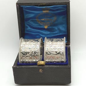 Antique Victorian Sterling Silver Napkin Rings 1891 Stokes & Ireland Boxed Pair