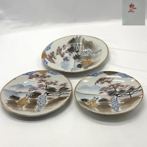 Vintage Japanese Maruni Porcelain Plates Hand-Painted Geisha Landscape Gold Trim