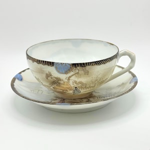 Vintage Japanese Porcelain Tea Cup and Saucer, Hand-Painted Fans & Village Scene
