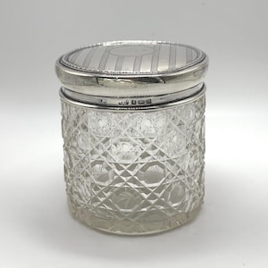 Antiguo tarro de cristal tallado con tapa de plata de ley de 1912 de Hardy Brothers Birmingham