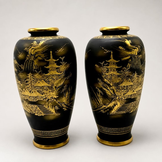 Pair of Vintage Japanese Soko China Black and Gold Mount Fuji