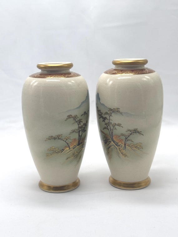 Mirror Pair Japanese Soko China Hand Painted Satsuma Vases