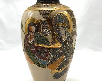 Japanese Satsuma Moriage Vase by Kinkōzan, Immortals Design, Hand-Painted, c1930