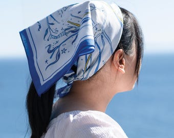 Mermaid Jellyfish Cotton Bandana, Hand-drawn Ocean Whimsy Scarf, Light Blue Neckerchief, Gift for her