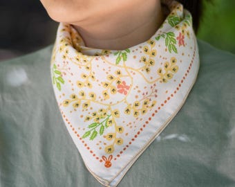 Vanilla Floral Three Hares Cotton Bandana: Light Yellow Boho Scarf, Gift for Gardener, Art & Nature lover, Book lover