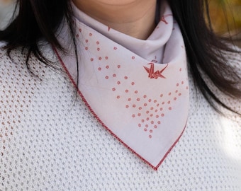 Pink Sakura Origami Bird Bandana – Japanese Print Cotton Scarf, Kawaii Kerchief, Gift for Women, Art Lover, Kid