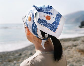 Beige Koi Fish Cotton Bandana: Oriental Art Hair Scarf, Unique