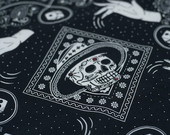 Black Skull Cotton Bandana – Spooky Gothic Scarf, EDC Handkerchief, Steampunk Headband, Motorcycle Face Mask, Gift for Him, Rock & Punk Gift