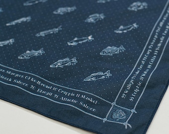 Fish Cotton Bandana: Navy Blue Classic Pattern Scarf, Angler Gift, UPF Protection Headwrap & Rugged Outdoor Gift for Men, Dad