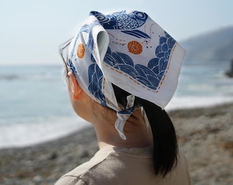 Beige Koi Fish Cotton Bandana: An Artistic Japanese-Inspired Hair Scarf & Elegant Gift for Nature-Loving Women