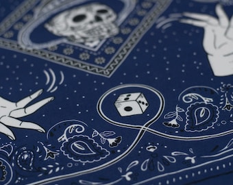 Blue Skull & Dice Paisley Bandana: Vintage Cotton Spooky Headscarf, Steampunk Motorcycle Mask, gift for man and woman, riders, hiker