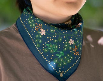 Leaf floral Bunny Cotton Bandana: Boho Headscarf, Botanical Hair Wrap, Hippie hair scarf, Gift for gardeners, book lover, hiker