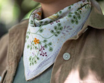 Beige Floral Bunny Cotton Bandana: Boho Wedding scarf, Forest Handkerchief and bag scarf, Gift for Bridesmaid, book lover