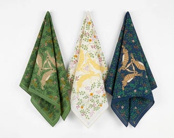 Floral Bunny Bandana Set 3– Soft 100% Cotton Green Cream Boho Headscarf, Botanical Hair Wrap, Gift for Hiker, Nature Lovers