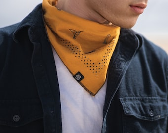 Yellow Origami bird Bandana: Cowboy Cowgirl Cotton Headscarf, Bag scarf, Unique design Hair Scarf, Unisex Headband, Gift for Men & Women