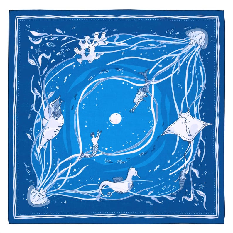 Ocean Whimsy Mermaid Jellyfish Bandana, Blue Hand-Drawn Cotton Scarf, Sea Life Neckerchief, Gift for nature lover imagem 2