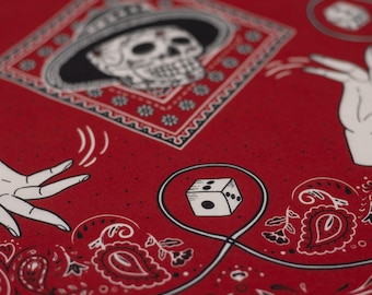 Red Festival Skull Dice Bandana: Vintage Paisley Cotton Scarf