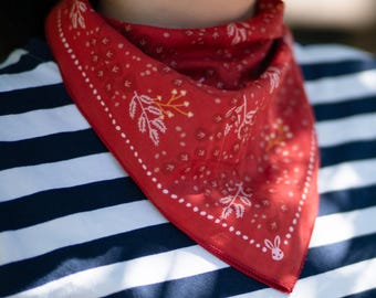 Red Floral Rabbit Cotton Bandana, Boho Hippie Headband Scarf, Festival Hair Accessory, Botanical Bag Scarf, Gift for Women & Girls