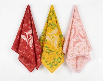 Set of 3 Floral Bunny Bandanas – 100% Cotton Boho Headscarf, Botanical Hair Wrap, Red, Yellow, Pink