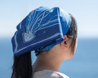 Ocean Whimsy Mermaid Jellyfish Bandana, Blue Hand-Drawn Cotton Scarf, Sea Life Neckerchief, Gift for nature lover